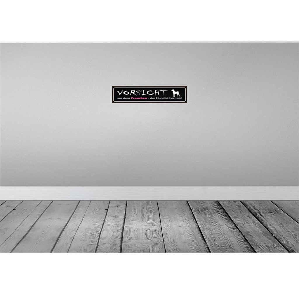 [LA-121169] Blechschild 10x46 cm Vorsicht Frauchen Hund harmlos Tier Haustier Bild 2