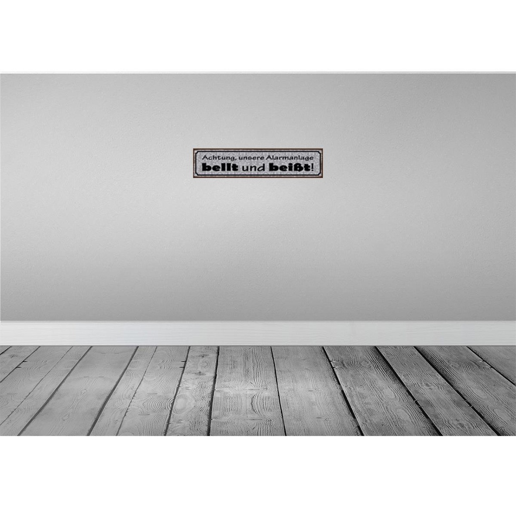 [LA-129544] Blechschild 10x46 cm Achtung Alarmanlage bellt beißt Witz Humor Lustig Spaß Bild 2