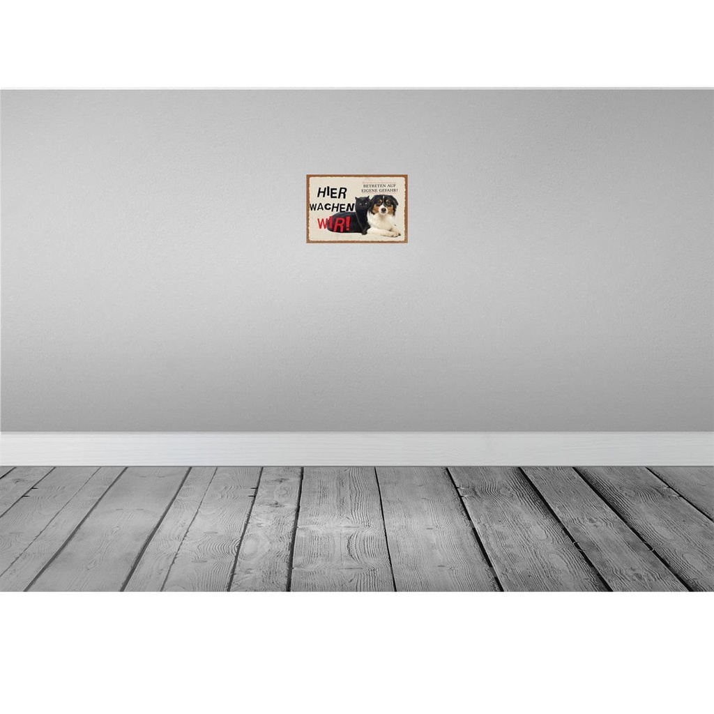 [LA-131595-H] Holzschild 20x30 cm Hund Katze hier wachen wir Bild 2