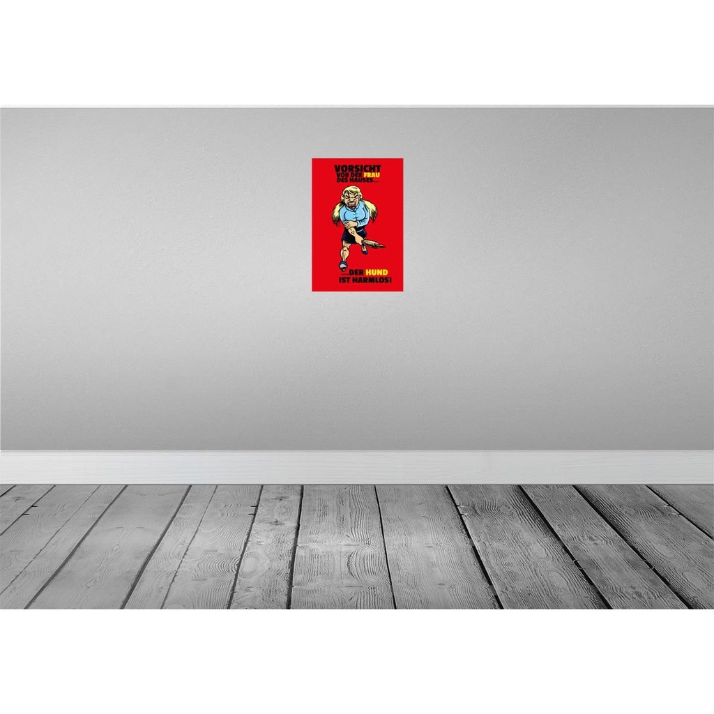 [LA-111861-2030] Blechschild 30x20 cm Vorsicht vor Frau Hund harmlos Spruch Zitat Bild 2