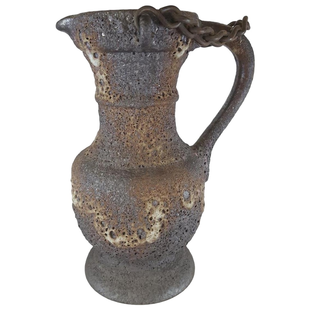 Fat Lava Keramik Krug Vase Kanne mit Metallkette Handarbeit 70er Jahre