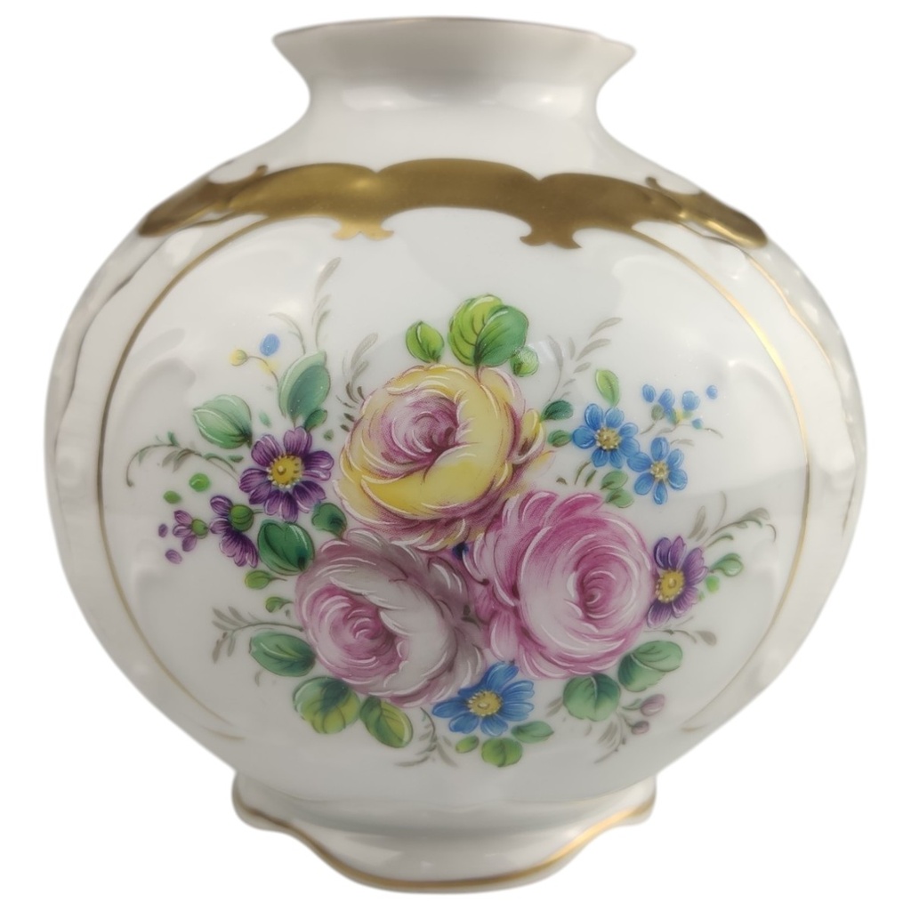 Kugelvase 12 cm Lindner Blumendekor Goldrand gebraucht - sehr gut