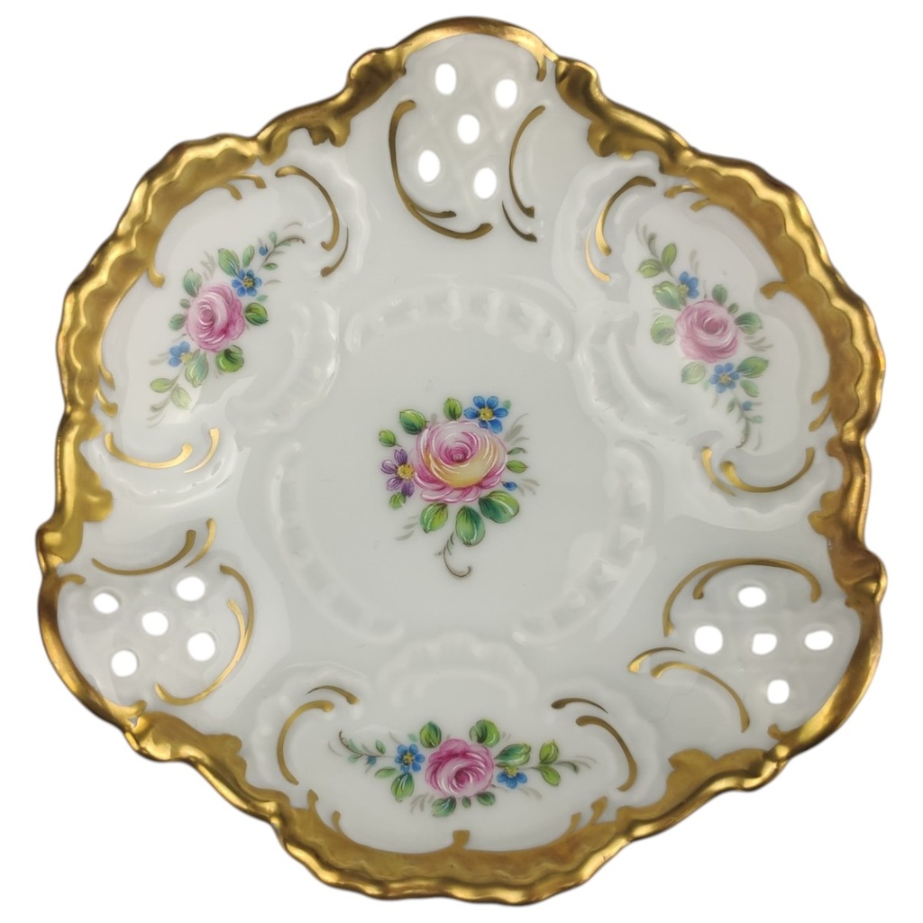[1823030] Schale Schälchen Durchbruchschale mini 11 cm Lindner Porzellan Blumendekor Goldrand gebraucht - sehr gut