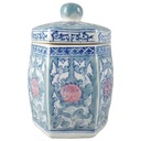 Deckeldose 6-Eckig 10,8 H 17 cm Porzellan blau grün rote Blume