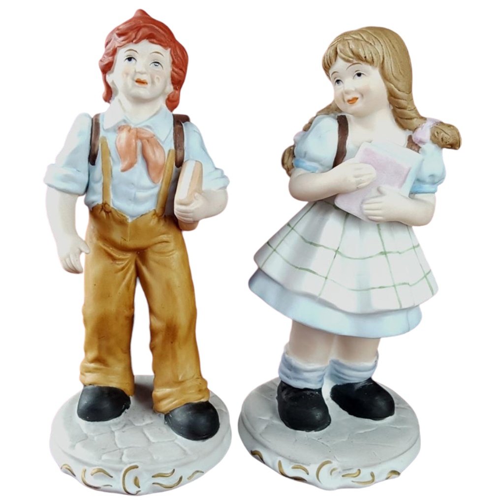 [458128415] Porzellan Figur Mädchen Junge mit Schulranzen Set 2 tlg. H 13,5 cm