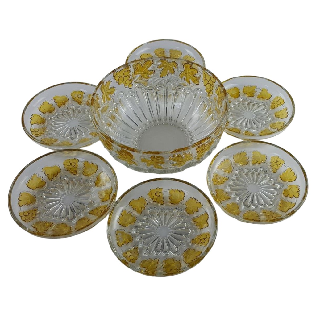 [458128571] Glasschale mit 6xSchälchen Weintrauben Relief Dekor gelb Set 7 tlg