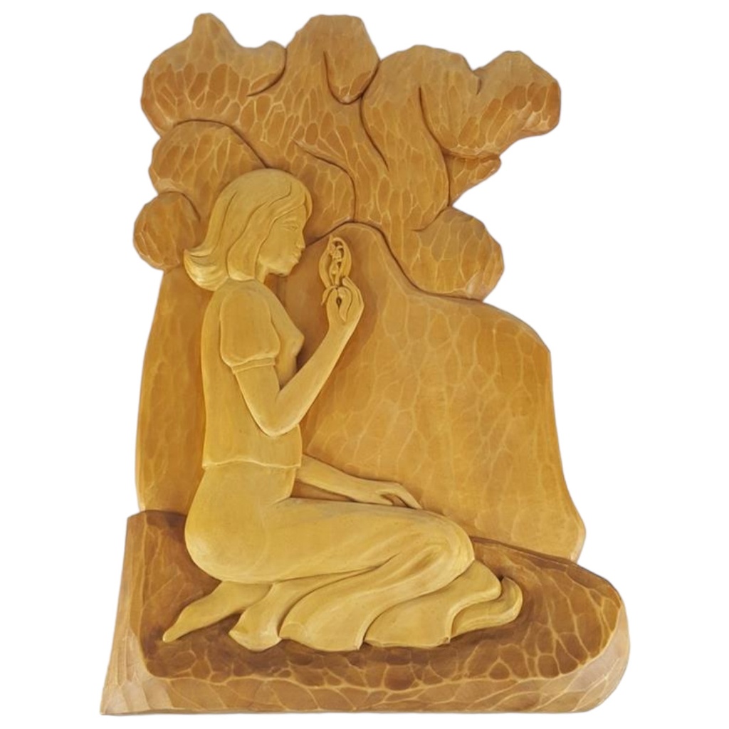 Holz Holzschnitzerei Holzkunst Wandbild aus Mädchen mit Blume H 59,5 cm