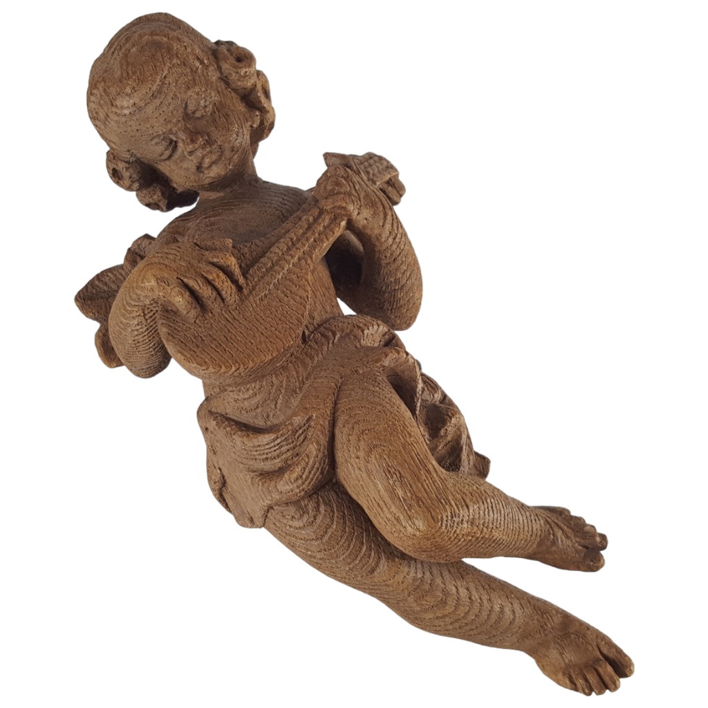 Figur Skulptur Hans & Adolf Heinzeller Oberammergauer Holz Engel mit Laute 32,5 cm