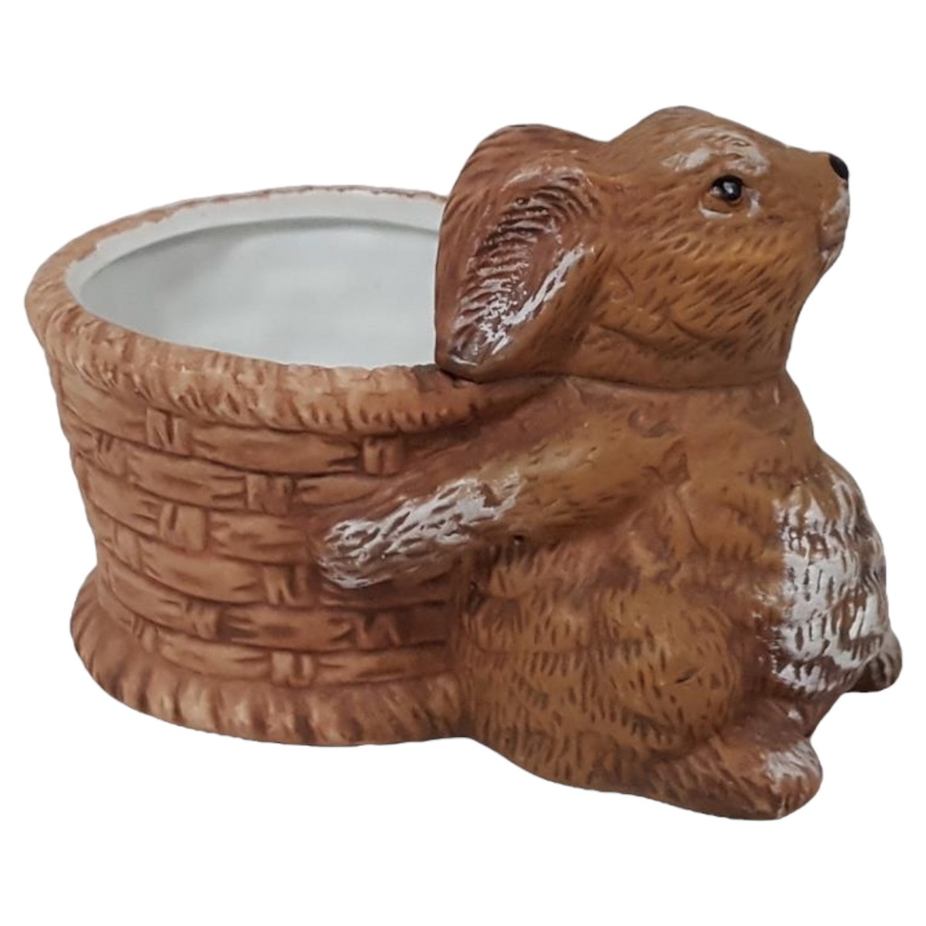 [45815833] Figur Skulptur Osterhase mit Korb Keramik braun Deko H 8 cm