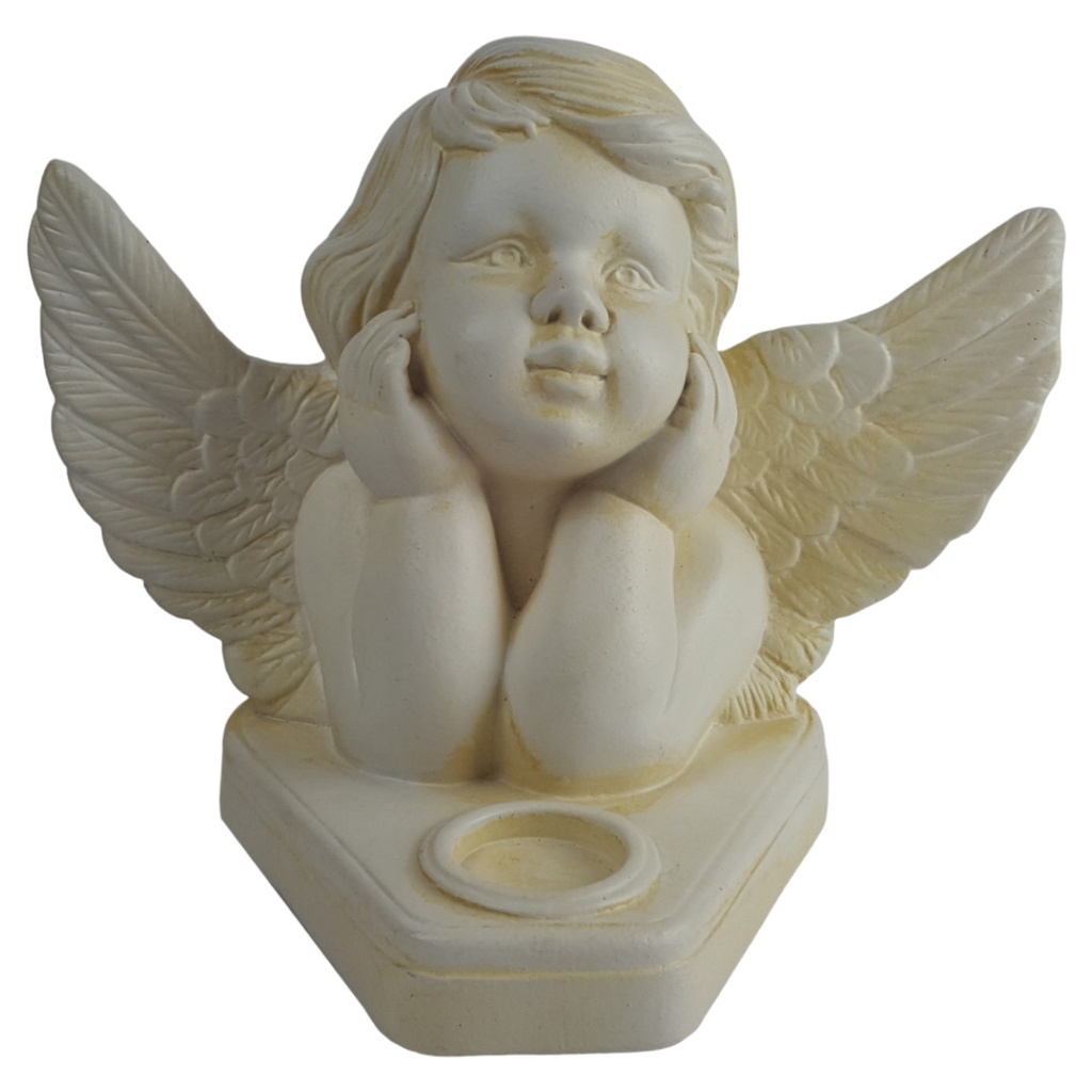 Figur Skulptur Deko Engel Putte mit Teelichthalter Büste Keramik weiß H 22,2 B 28,7 cm