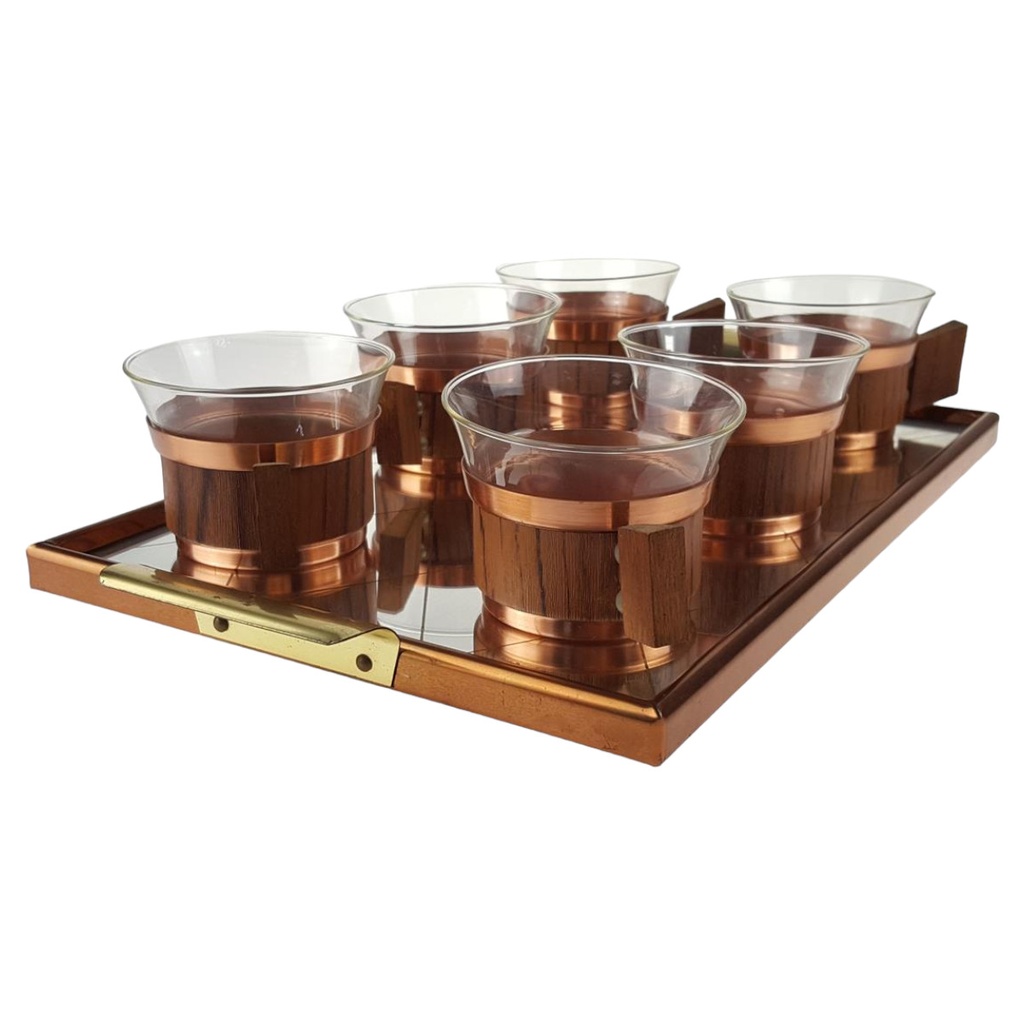 [458166169] Schott & Gen Jenaer Glas Teetassen-Set mit Tablett Kupfer-Messing-Holz 7tlg.