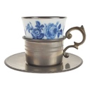 Mokkatasse mit Untertasse Espressotasse & Zinnhalter 3tlg Bareuther Platinrand Blaue Rose gebraucht - gut