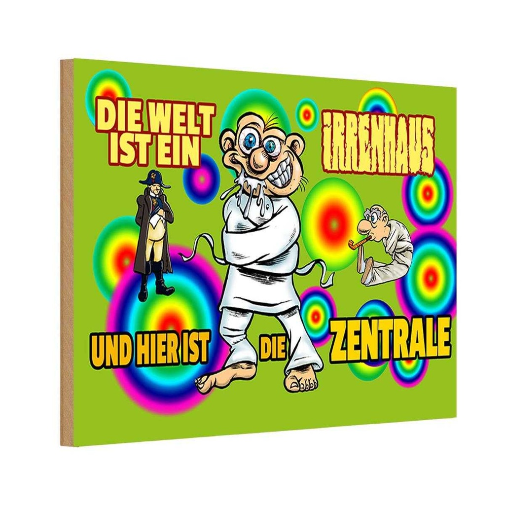 Holzschild 12x18 cm Welt ist Irrenhaus hier Zentrale Spruch Zitat