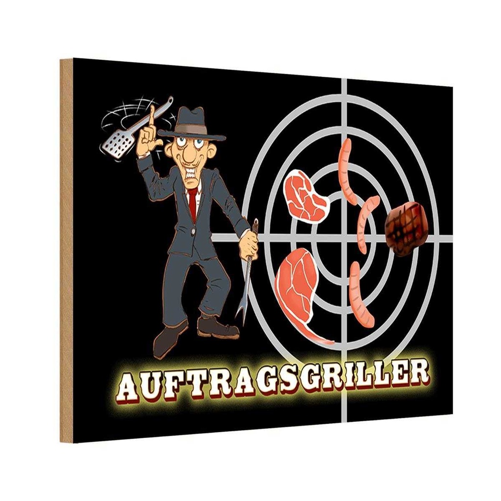 Holzschild 12x18 cm Essen Auftragsgriller Fleisch Trinken