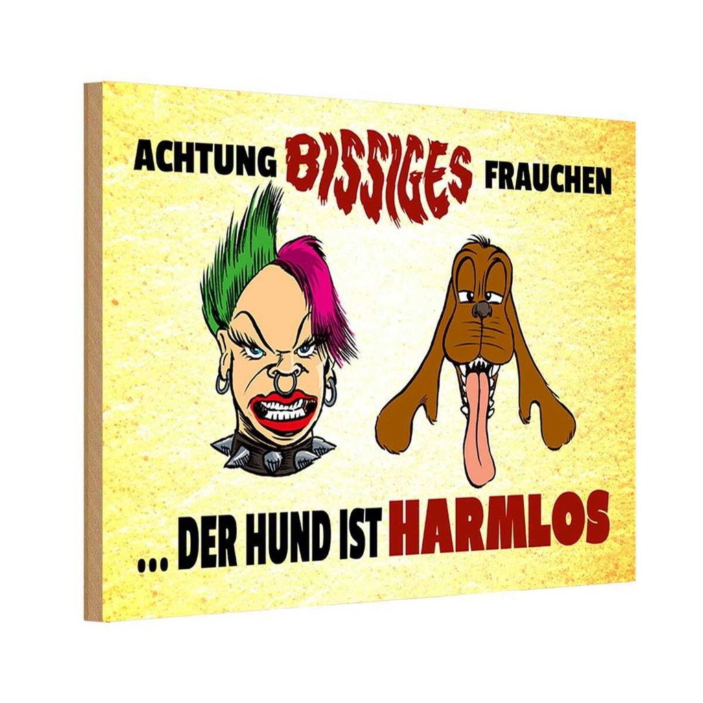 Holzschild 12x18 cm Achtung bissiges Frauchen Hund