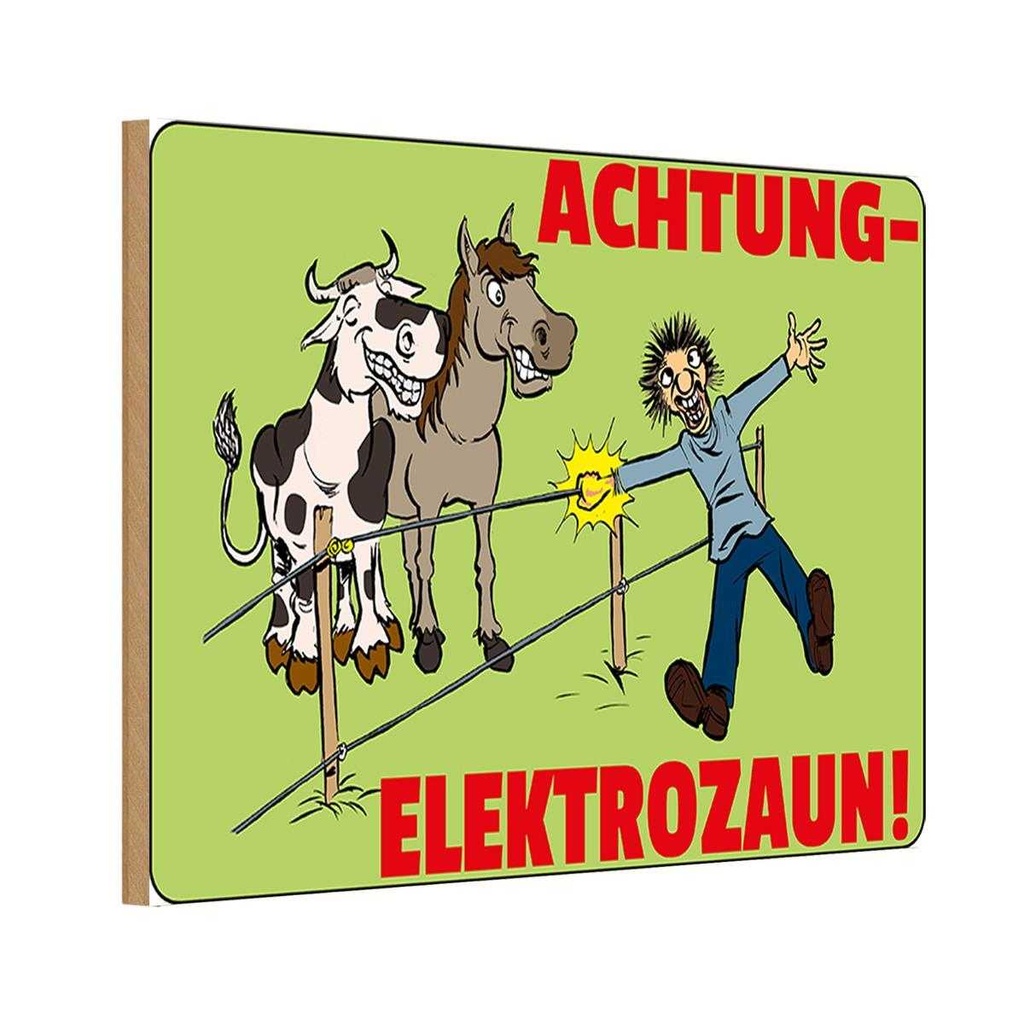 Holzschild 12x18 cm Tiere Achtung Elektrozaun Warnschild Hinweisschild