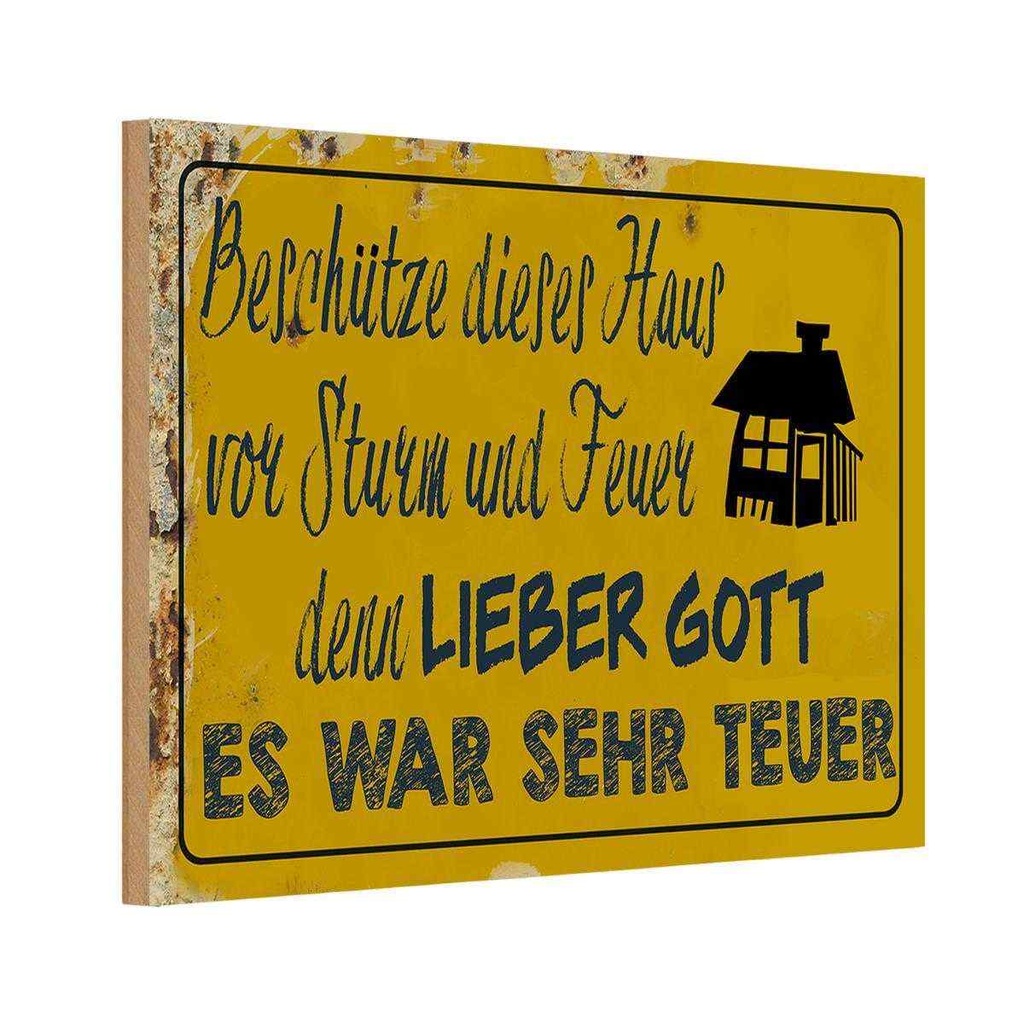 Holzschild 12x18 cm beschütze Haus vor Sturm Feuer
