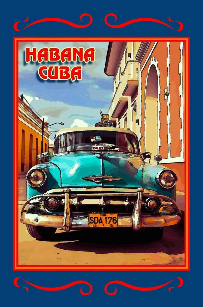 Holzschild 18x12 cm Cuba Habana blaues Auto Bildmotiv Reisemotiv Amerika USA