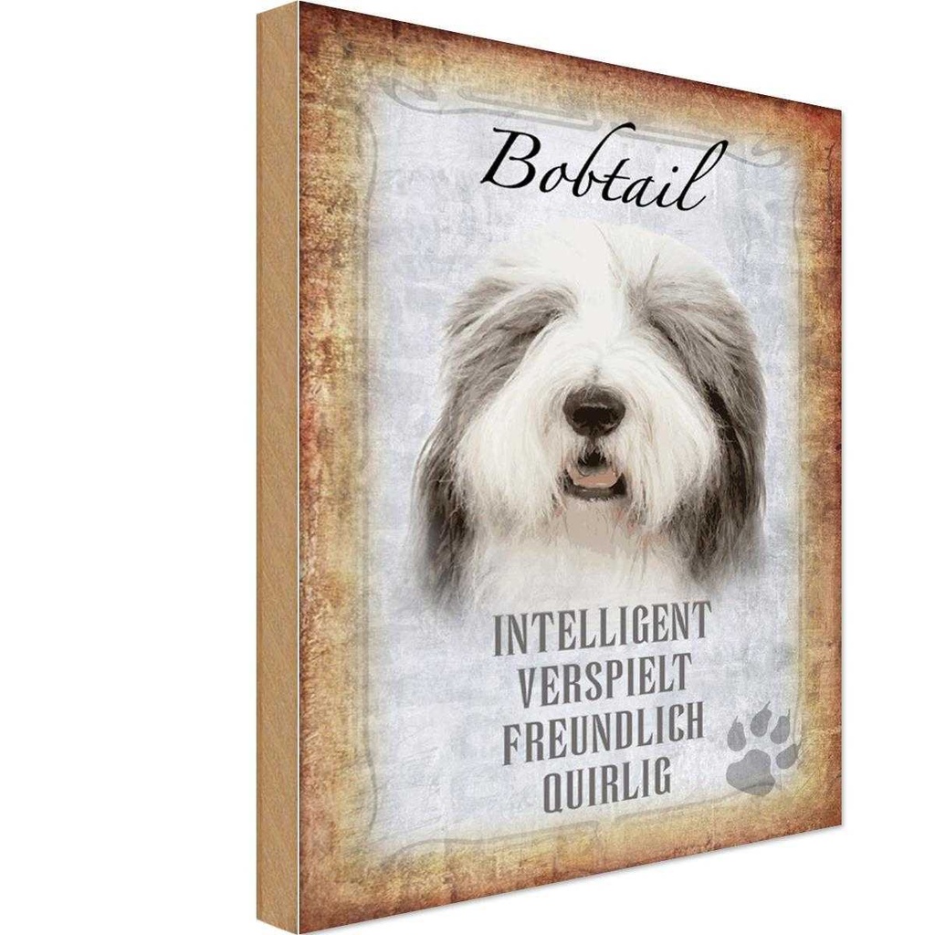 Holzschild 18x12 cm Bobtail Hund verspielt