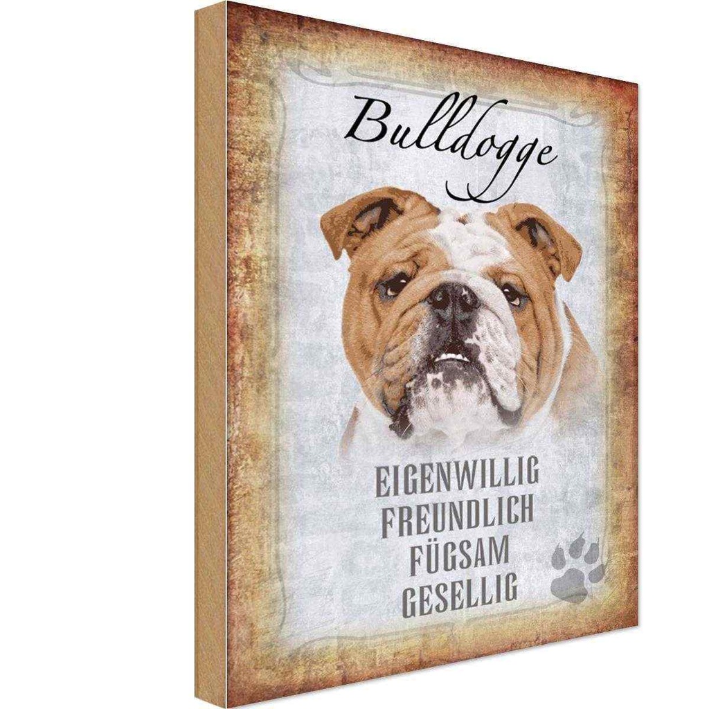 Holzschild 18x12 cm Bulldogge Hund gesellig Tier Haustier