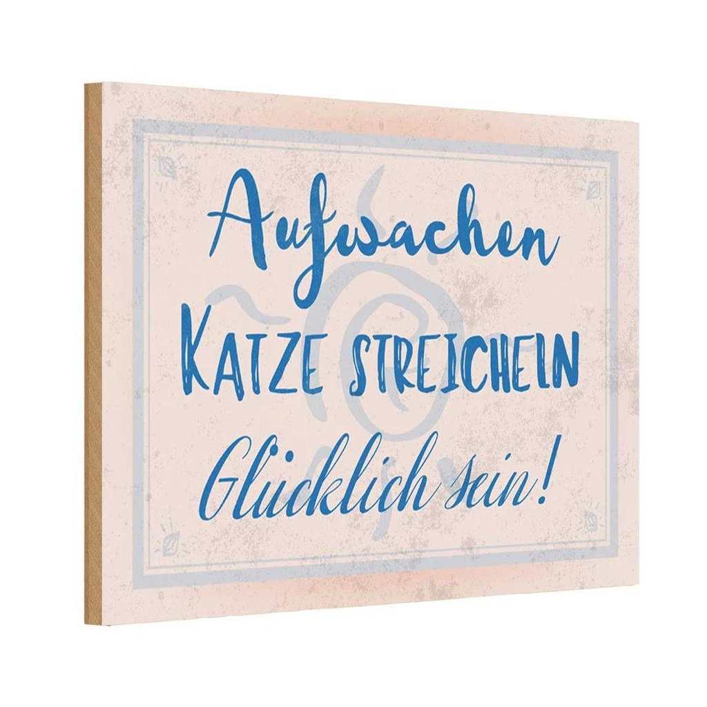 Holzschild 12x18 cm Aufwachen Katze streicheln