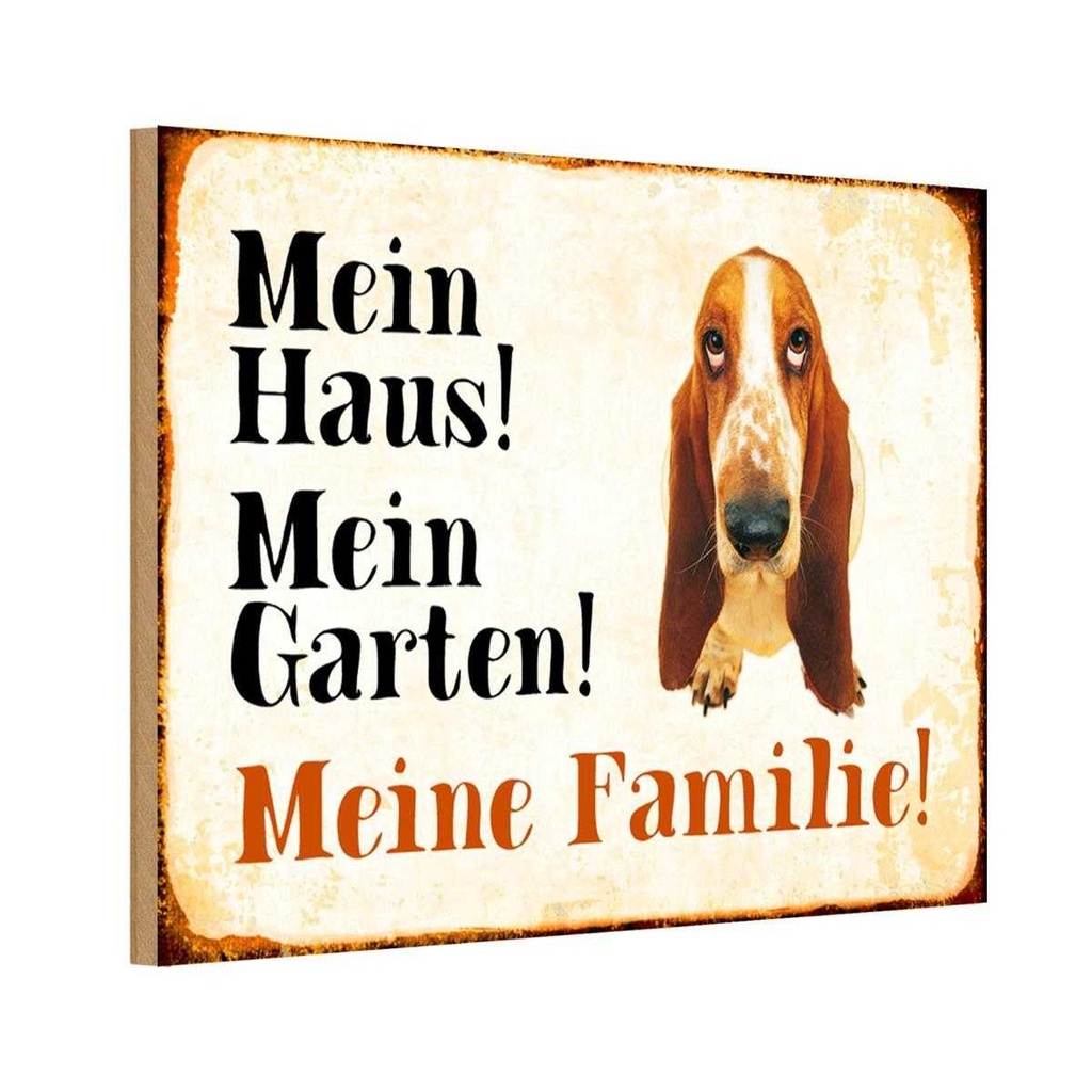 Holzschild 12x18 cm Hund Bassett mein Haus Garten Familie Tier Haustier