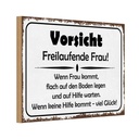 Holzschild 12x18 cm Vorsicht freilaufende Frau Warnschild Hinweisschild