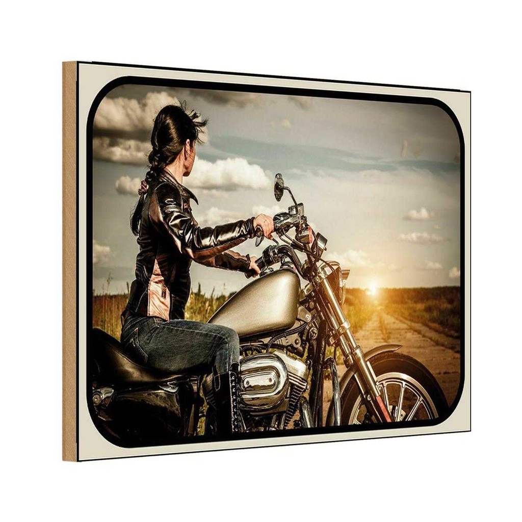 Holzschild 12x18 cm Motorrad Frau Girl Sonnenaufgang Auto Garage Werkstatt