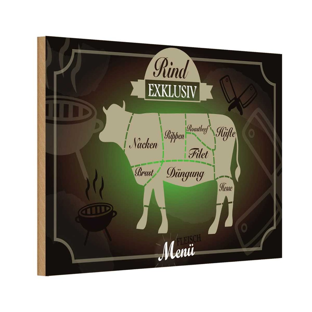Holzschild 12x18 cm Fleisch Schnitte Rind exklusiv Menü Essen Trinken
