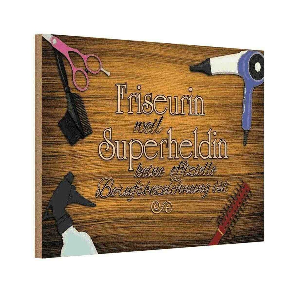 Holzschild 12x18 cm Friseurin Superhelding Beruf Arbeit