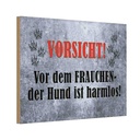 Holzschild 12x18 cm Vorsicht Frau Hund harmlos Warnschild Hinweisschild