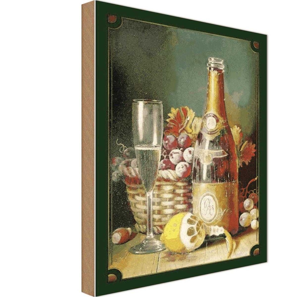 Holzschild 18x12 cm Kunst Stillleben Sekt Obstkorb Zitrone Essen Trinken