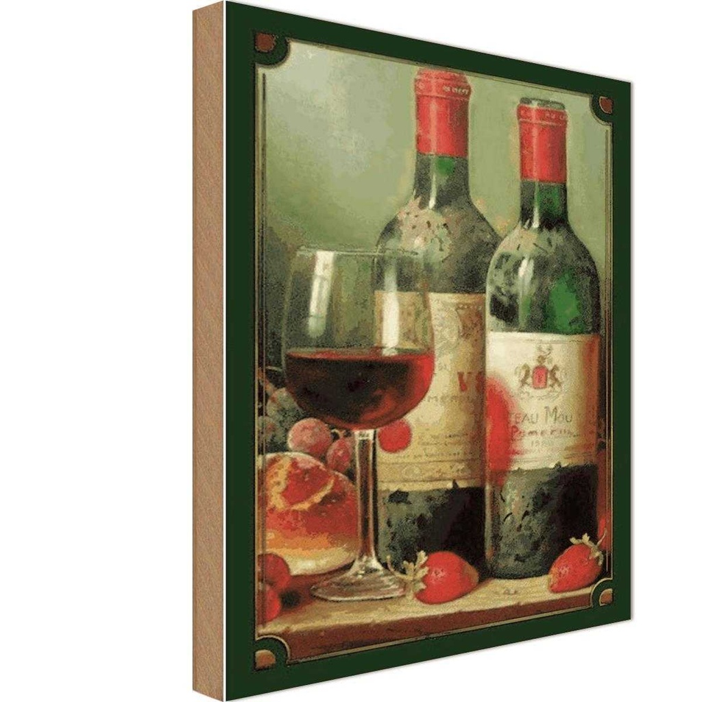 Holzschild 18x12 cm Kunst Stillleben Rotwein Erdbeeren Obst Essen Trinken