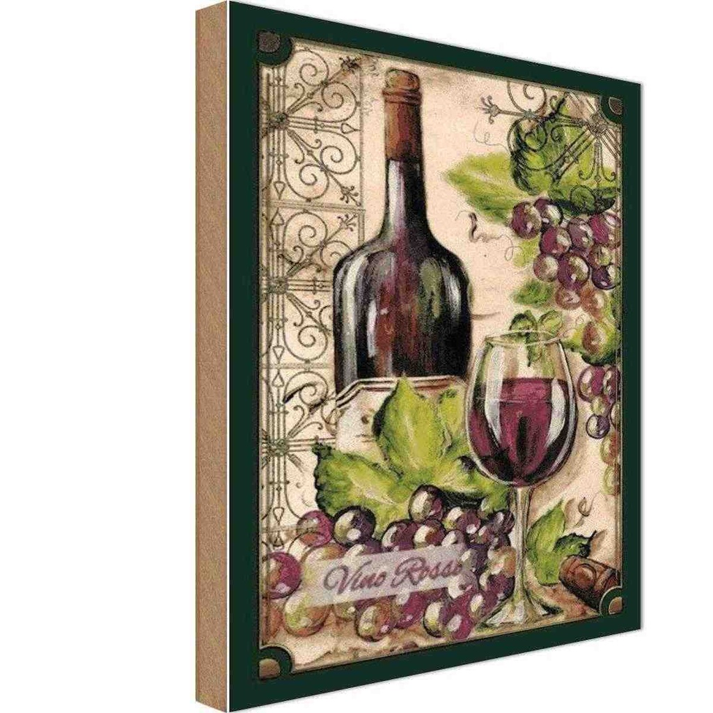 Holzschild 18x12 cm Kunst Stillleben Vino Rosso Rotwein Essen Trinken