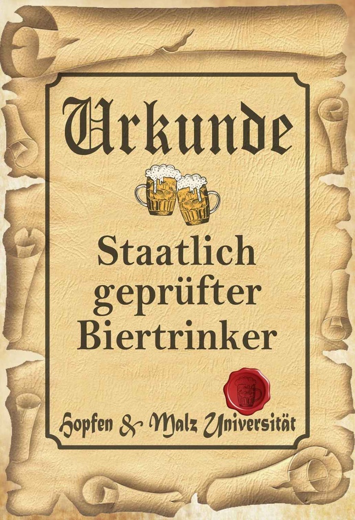 Holzschild 18x12 cm Bier Urkunde geprüfter Biertrinker