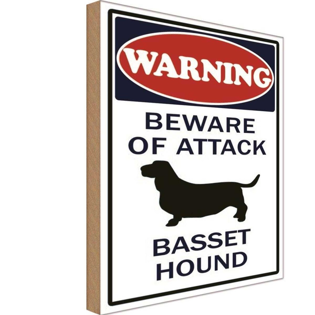 Holzschild 18x12 cm beware of attack Basset Hound Warnschild Hinweisschild
