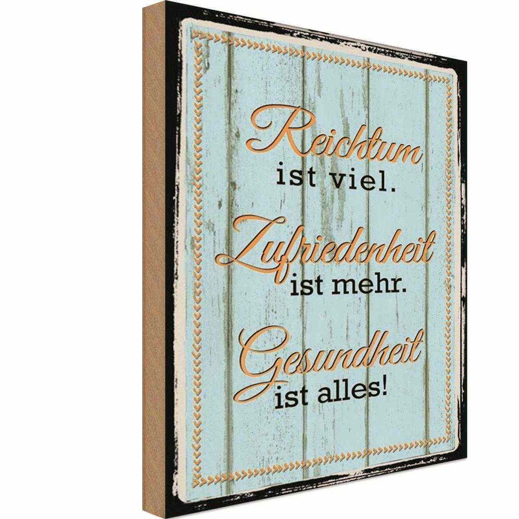 Holzschild 18x12 cm Reichtum Zufriedenheit Gesund Dekoration