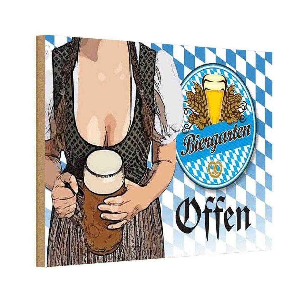Holzschild 12x18 cm Biergarten offen Bier Bayern Essen Trinken