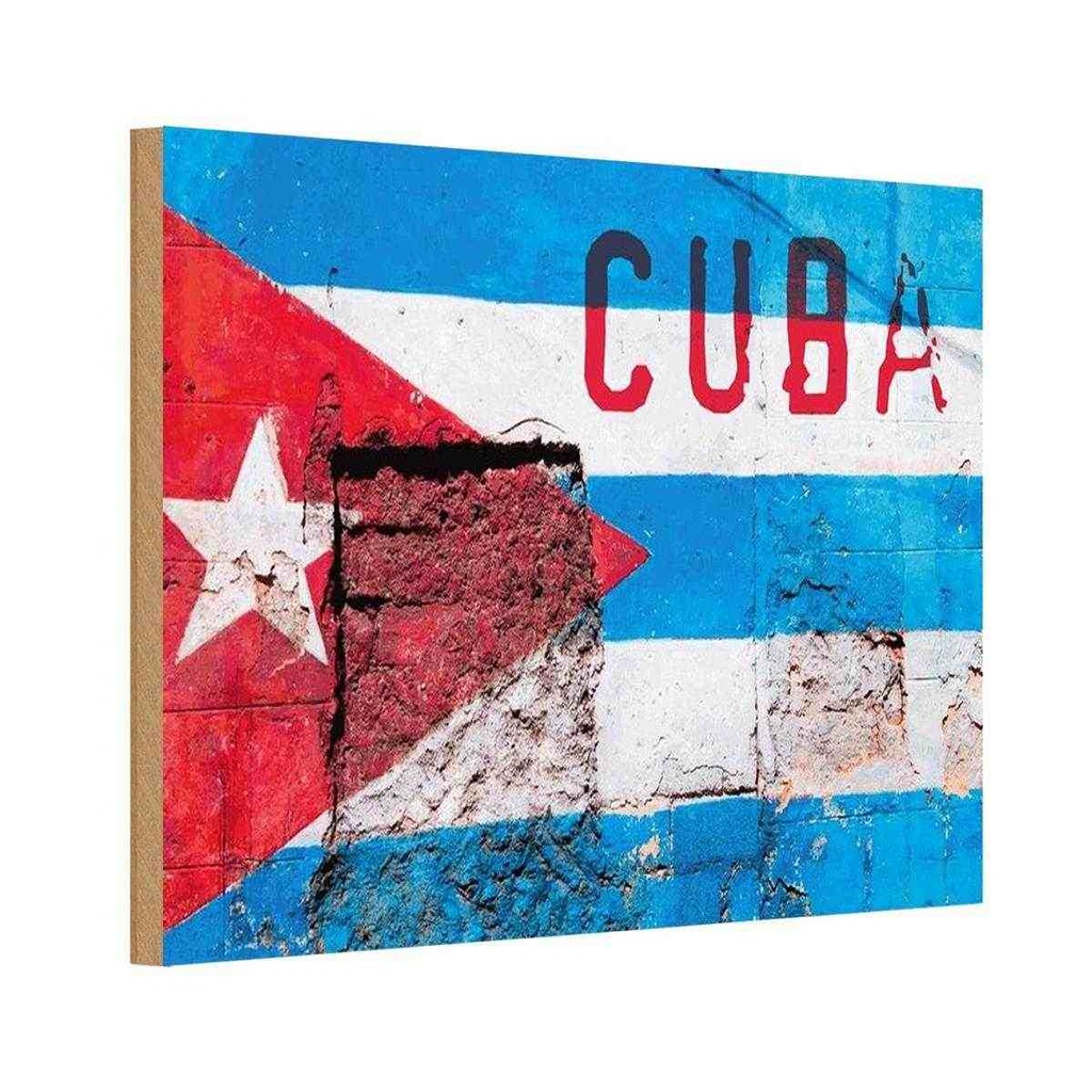 Holzschild 12x18 cm Cuba Fahne auf eine Mauer Flagge Wappen