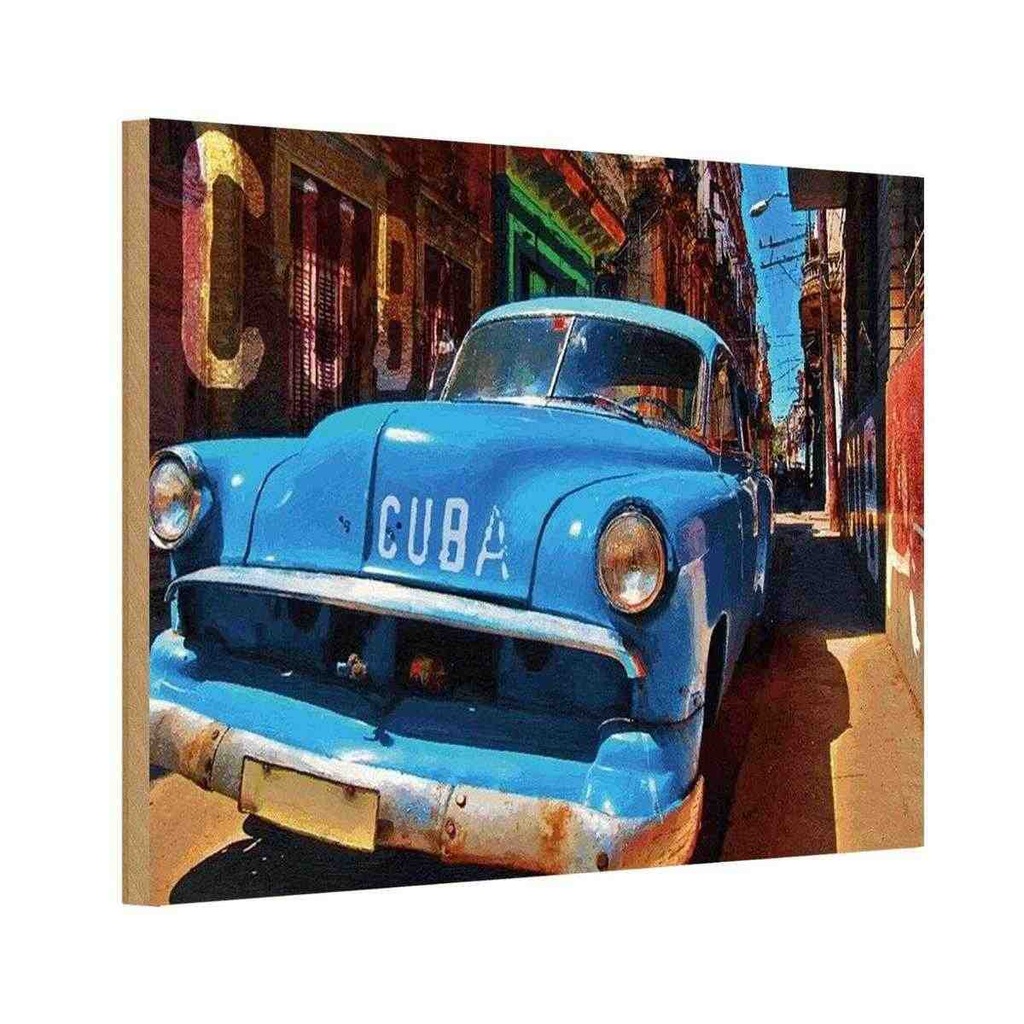 Holzschild 12x18 cm Cuba blaues Auto Garage Werkstatt