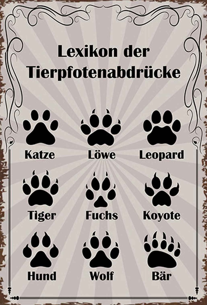Holzschild 18x12 cm Lexikon Tierpfotenabdrücke Tiere Tier Haustier