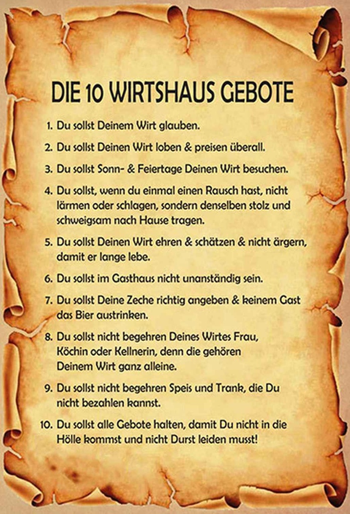 Holzschild 18x12 cm die 10 Wirtshaus Gebote Dekoration