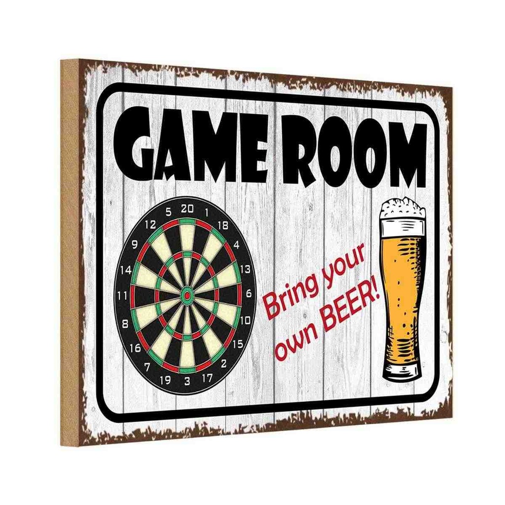 Holzschild 12x18 cm Dart game room bring your Beer Essen Trinken
