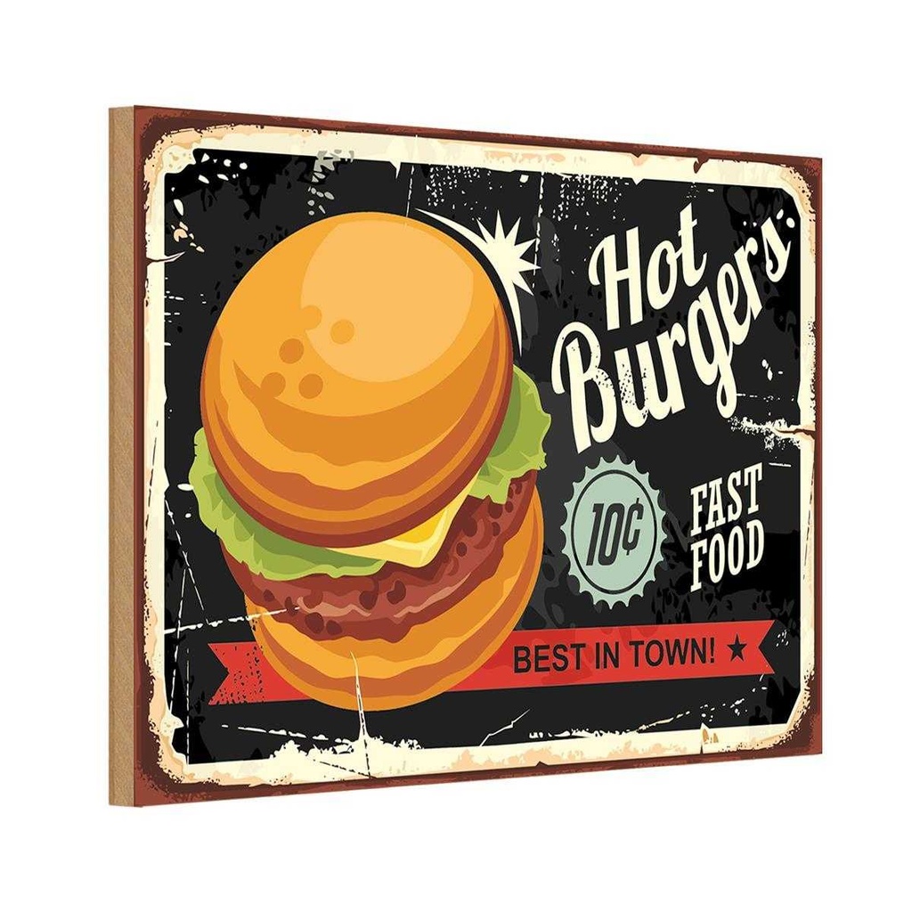 Holzschild 12x18 cm hot burgers best in town Essen Trinken