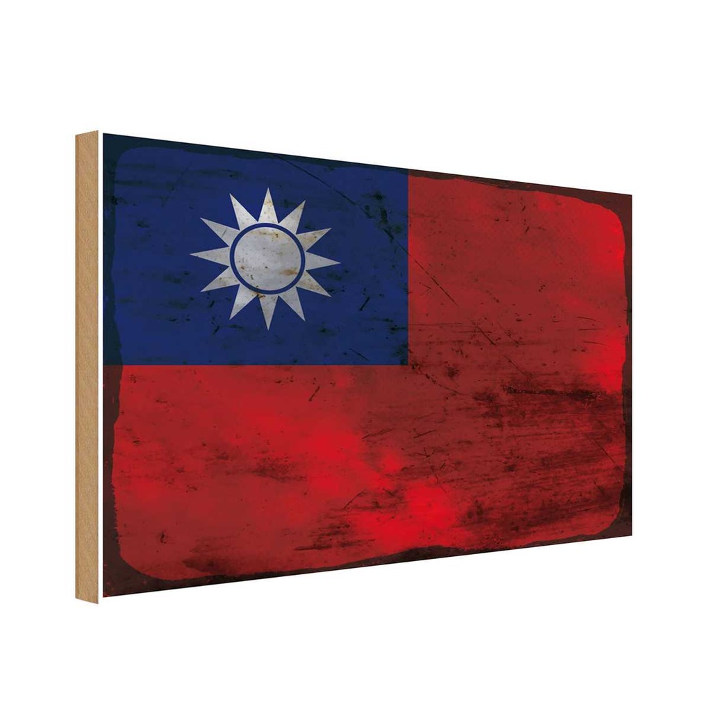 Holzschild 12x18 cm China Taiwan Rost Flagge Fahne Wappen