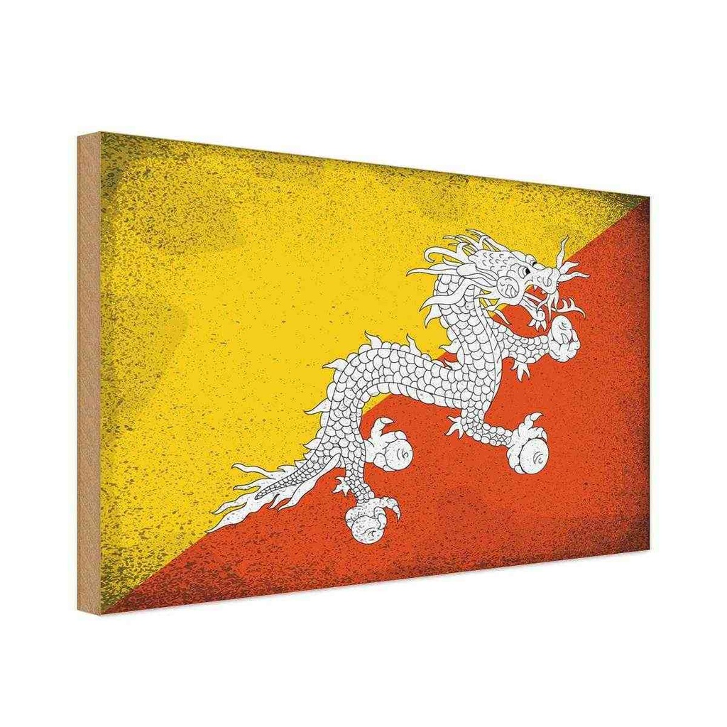 Holzschild 12x18 cm Bhutan Vintage Flagge Fahne Wappen