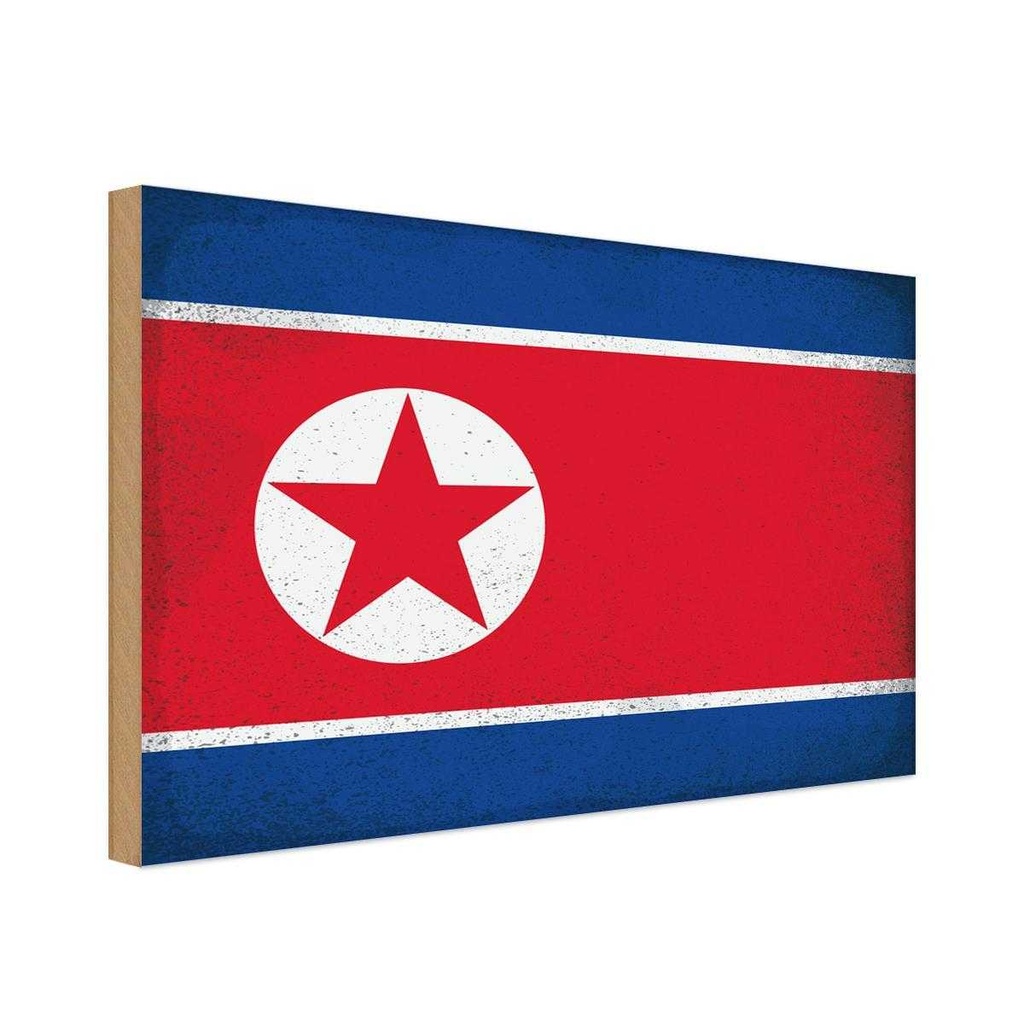 Holzschild 12x18 cm Nordkorea North Korea Vintage Flagge Fahne Wappen