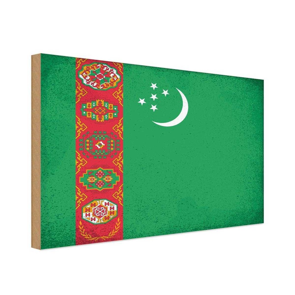 Holzschild 12x18 cm Turkmenistan Vintage Flagge Fahne Wappen