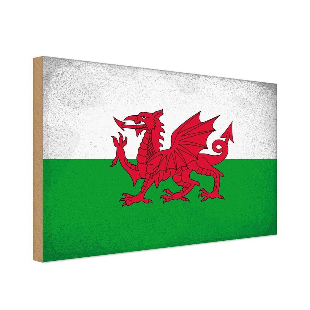 Holzschild 12x18 cm Wales Vintage Flagge Fahne Wappen