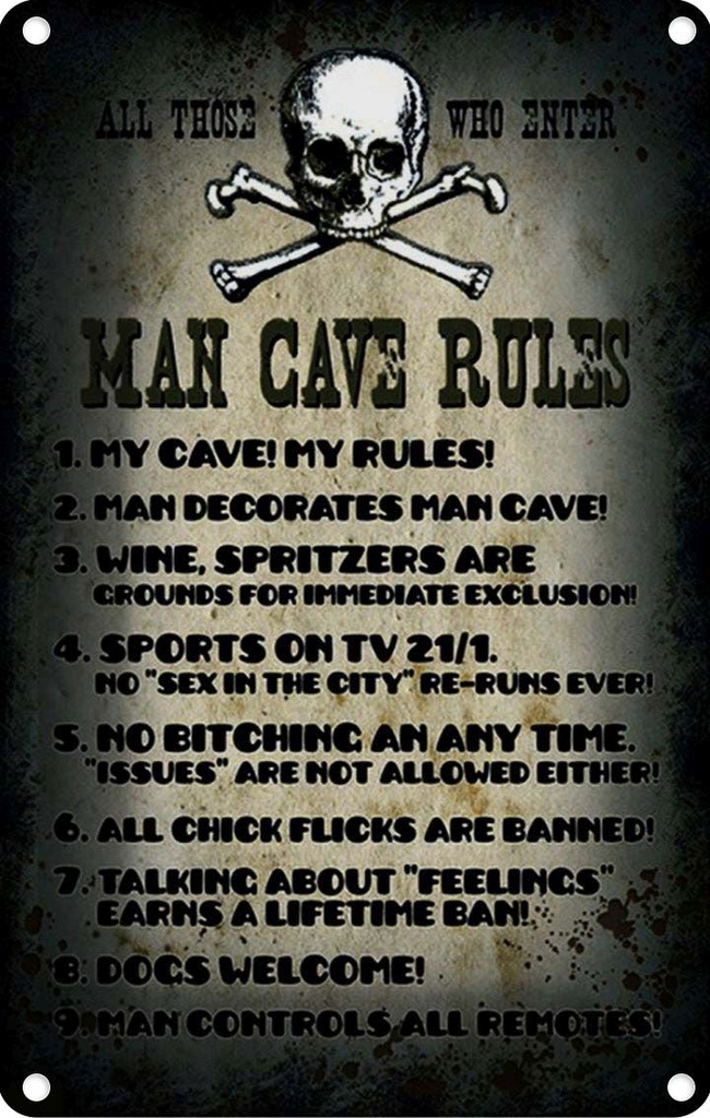 Blechschild 30x20 cm Man cave rules wine spritzers Männer Frauen Spruch Zitat